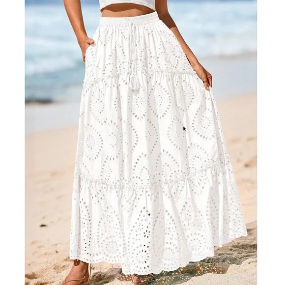 Boho Royal Blue Eyelet Stretchy waist Lined Maxi Skirt - Picture 12 of 12